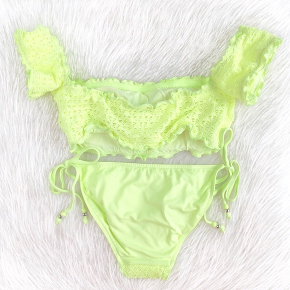 Seafolly | neon lime crochet ruffle bardot bikini - Picture 4 of 5